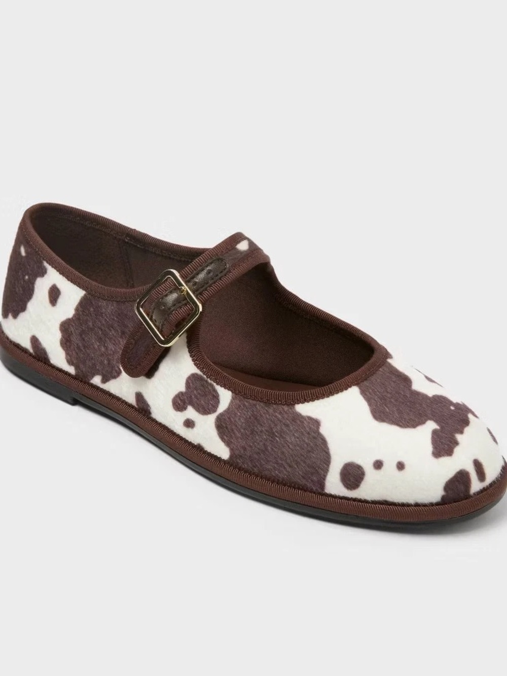 Women's Brown and White Cow Print Mary Jane Flats